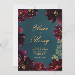 Invitación Verde azulados burdeos jewel tones apellidos Boda 