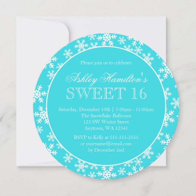 Invitación Verde azulados copos de nieve dulces 16 Winter Won (Anverso)