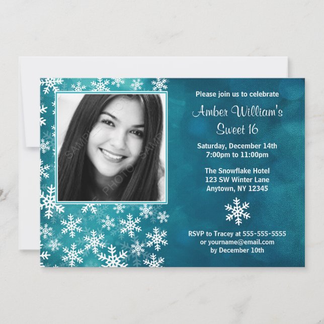 Invitación Verde azulados Copos de Nieve Foto Dulce 16 Invita (Anverso)