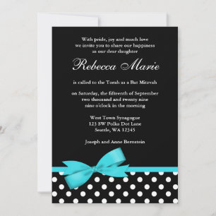 Invitación Verde azulados puntos de polka azul y negro golpea