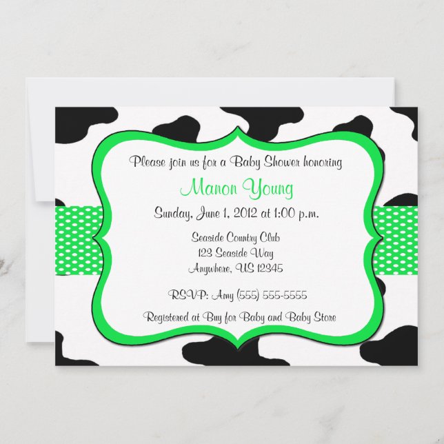 Invitación Verde Baby Shower de la impresión de la vaca o (Anverso)