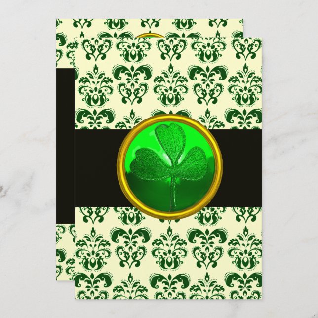 Invitación VERDE BLANCO DAMASCO CON TRÉBOL Negro Plata (Anverso / Reverso)