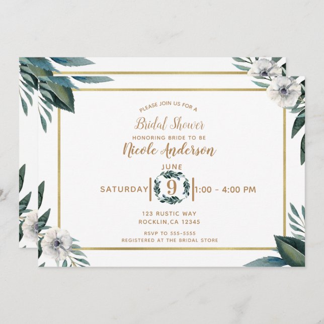 Invitación Verde blanco deja ducha de novia floral anémona (Anverso / Reverso)