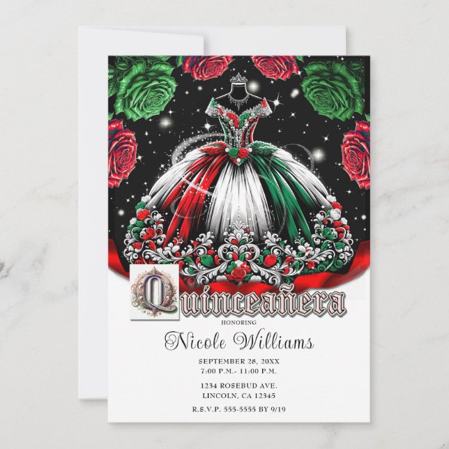 Invitación Verde Blanco Rojo Mis Quince Anos 15 Quinceañera (Anverso)