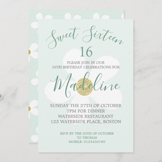 Invitación Verde Blanco Simple Daisy Dulce Dieciséis Modas (Anverso / Reverso)