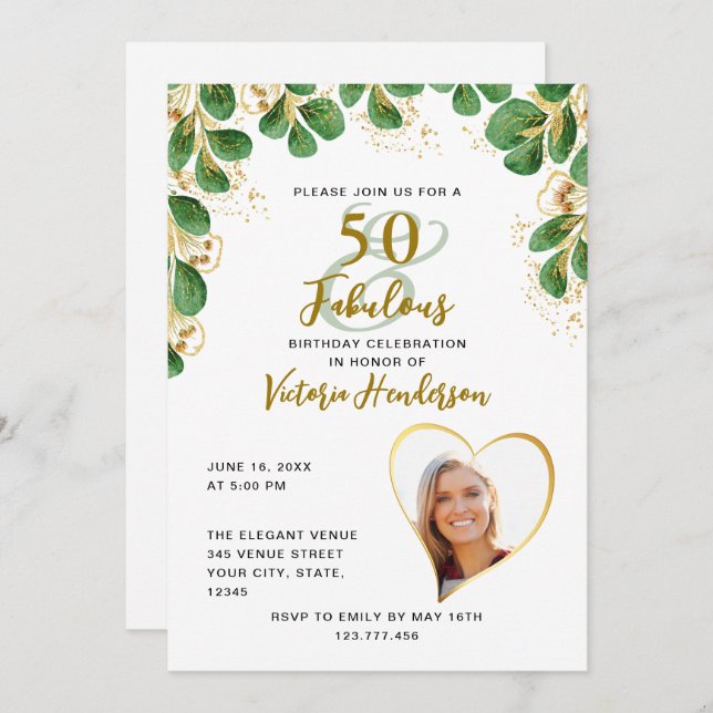 Invitación Verde blanco y verde oro 50 y fabuloso cumpleaños (Anverso / Reverso)