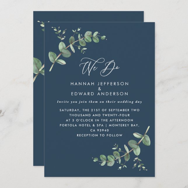 Invitación verde boda Eucalipto azul marino botánico (Anverso / Reverso)
