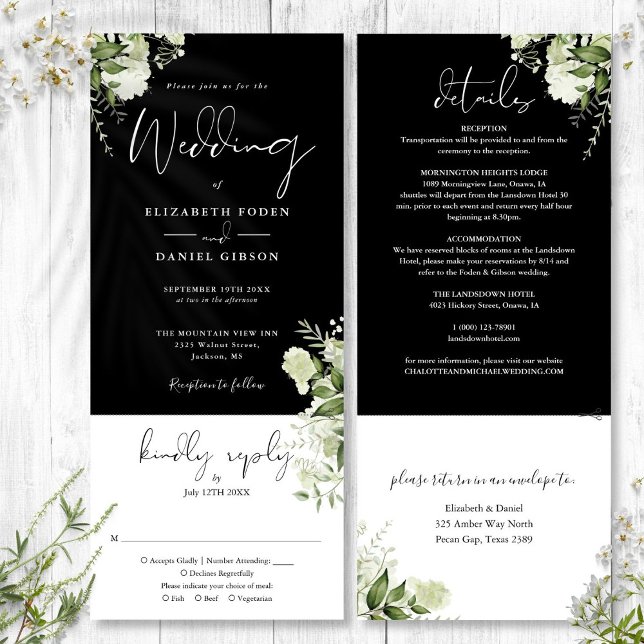 Invitación Verde Botánico Blanco Negro Todo En Un Boda (Black White Botanical Greenery All In One Wedding Invitation)