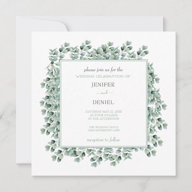 Invitación Verde botánico de eucalipto boda (Anverso)
