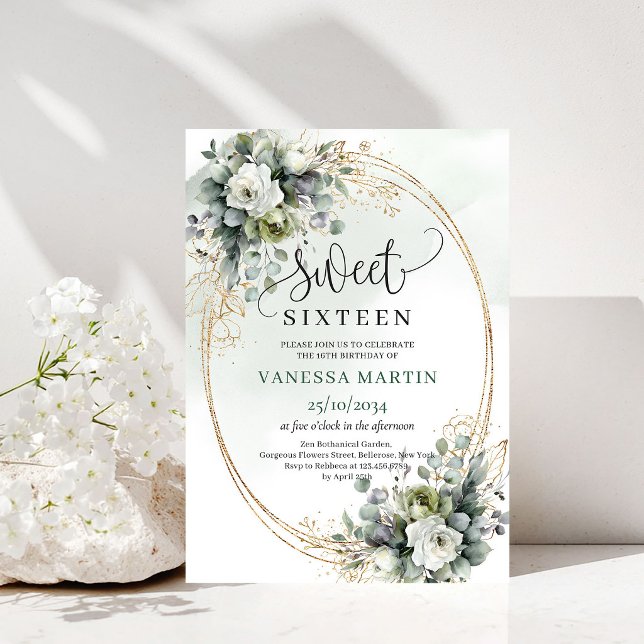 Invitación Verde Botánico de Salvia para Sweet Six (Botanical Sage Green Sweet Sixteen Greenery Invite)
