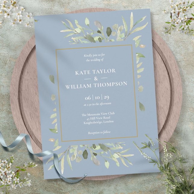 Invitación Verde Botánico Follaje Azul Polvoriento Boda (Botanical Greenery Foliage Dusty Blue Wedding Invitation)