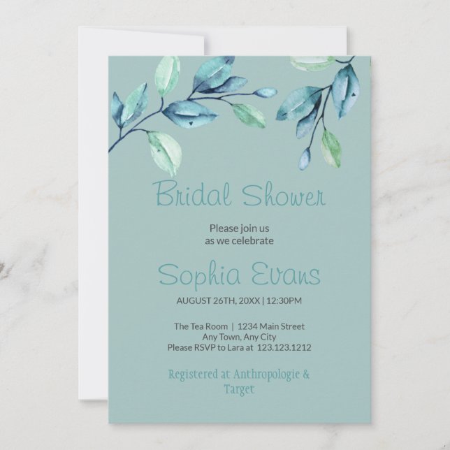 Invitación Verde botánico moderno deja ducha verde de novia (Anverso)