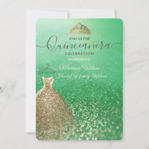 Invitación Verde brillo chic Dorado vestido tiara Quinceañera