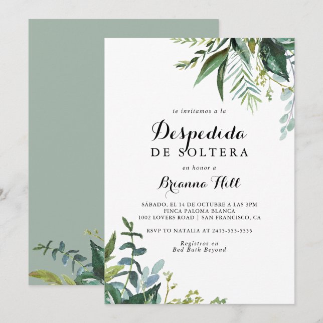 Invitación Verde Caligrafía moderna Ducha de Novias Española (Anverso / Reverso)