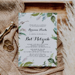 Invitación Verde Caligrafía tropical moderna Bat Mitzvah<br><div class="desc">La invitación al murciélago mitzvah de caligrafía tropical moderna y verde es perfecta para una simple mitzvah de murciélago. El diseño se basa en hojas tropicales verdes con un toque de flores rosadas.</div>