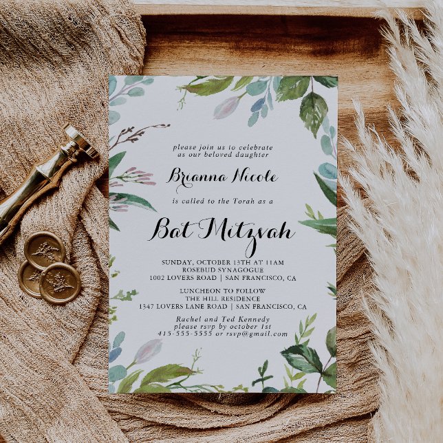 Invitación Verde Caligrafía tropical moderna Bat Mitzvah (Subido por el creador)