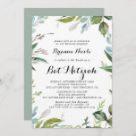 Invitación Verde Caligrafía tropical moderna Bat Mitzvah<br><div class="desc">La invitación al murciélago mitzvah de caligrafía tropical moderna y verde es perfecta para una simple mitzvah de murciélago. El diseño se basa en hojas tropicales verdes con un toque de flores rosadas.</div>