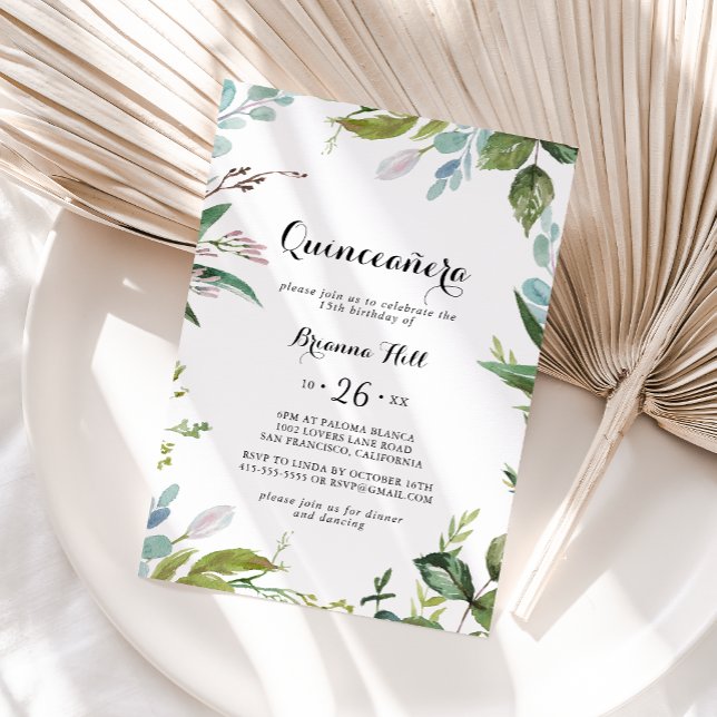 Invitación Verde Caligrafía tropical moderna Quinceañera (Subido por el creador)