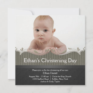 Invitación Verde Caqui Negro Foto Bautizo Niños