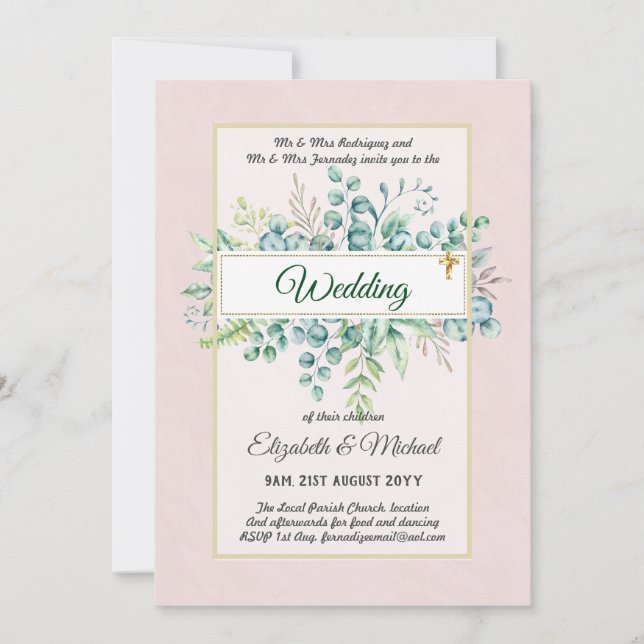 Invitación Verde CATÓLICO Boda Presupuesto cristiano moderno (Anverso)