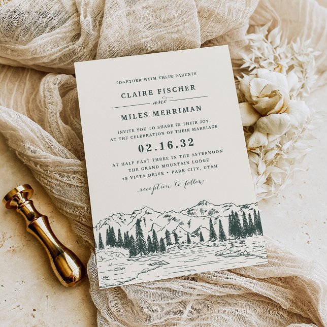 Invitación Verde Cazador | Boda de Sketch de montaña (Subido por el creador)