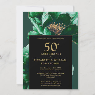 Invitación Verde Chic Floral Negro Y Dorado 50 Aniversario