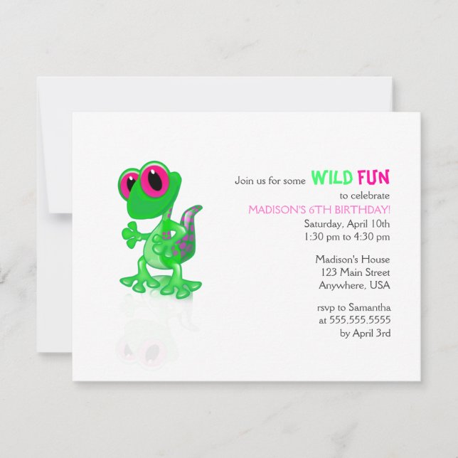 Invitación verde clara del cumpleaños del Gecko (Anverso)