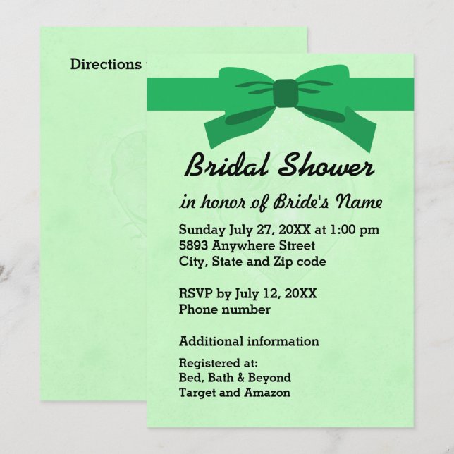 Invitación Verde claro con ducha de corazón y azul verde (Anverso / Reverso)