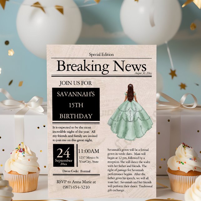 Invitación Verde claro del periódico de moda Quinceañera (Subido por el creador)