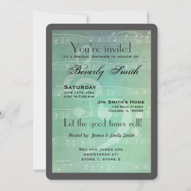 Invitación Verde claro Tema musical ducha de novia (Anverso)