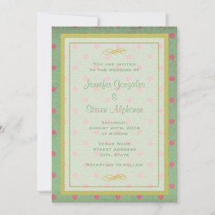 Invitación Verde con Boda de puntos rosados de polka