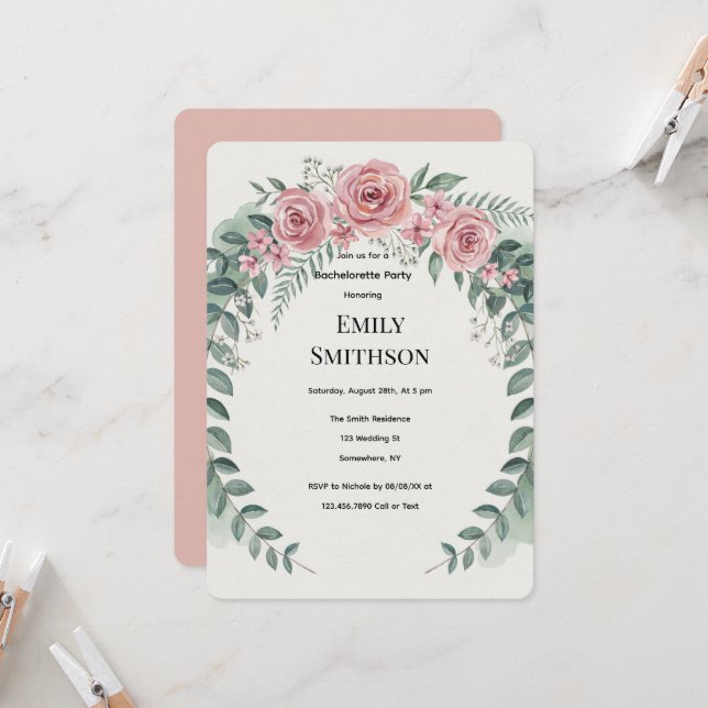 Invitación Verde con Flores Rosadas Despedida de Soltera Romá (Anverso/Reverso In Situ)