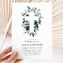 Invitación Verde Cruce Bautismo Moderno Christening Botanica