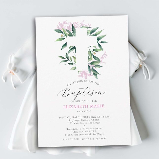 Invitación Verde Cruce Rosa Botánica Bebé Baptismo (baby girl baptism invitation christening botanical greenery white cross pink floral elegant modern)