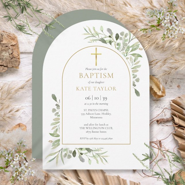 Invitación Verde de Acuarela Bautizo Arch dorado (Watercolor Greenery Baptism Christening Gold Arch Invitation)
