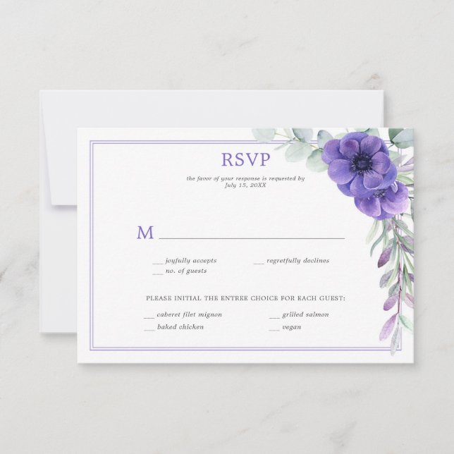 Invitación Verde de Anémona Morada Marco Doble RSVP (Anverso)