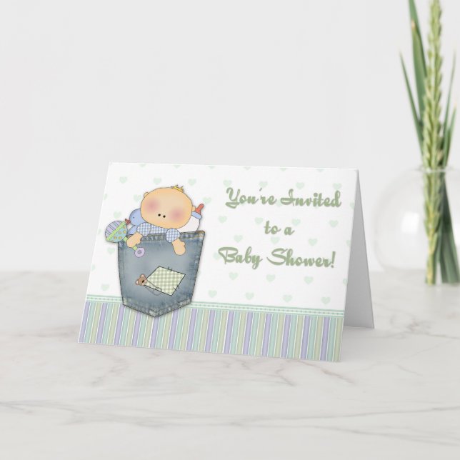 Invitación verde de Baby Shower Denim (Anverso)