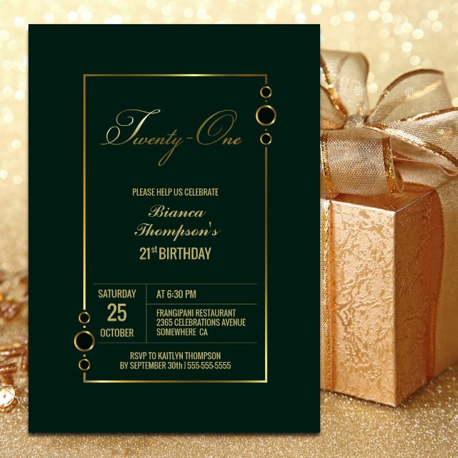 Invitación Verde de cumpleaños 21 con Fiesta de marco dorado (Subido por el creador)