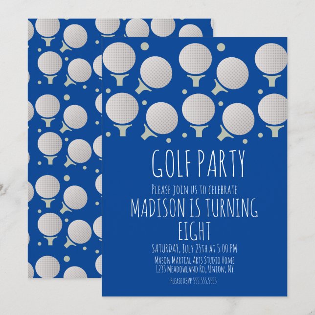 Invitación verde de cumpleaños con pelotas de golf (Anverso / Reverso)