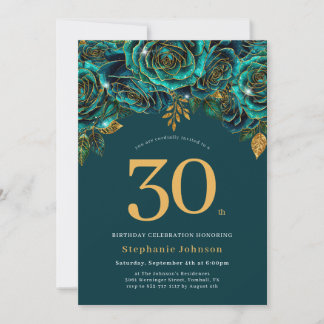Invitación Verde de esmeralda floral y oro 30 cumpleaños