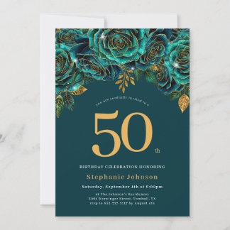 Invitación Verde de esmeralda floral y oro 50 cumpleaños