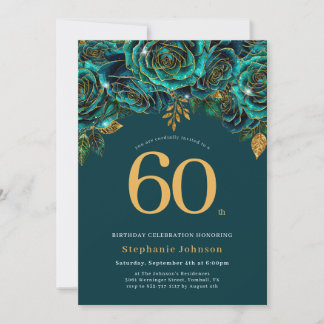 Invitación Verde de esmeralda floral y oro 60 cumpleaños
