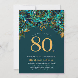 Invitación Verde de esmeralda floral y oro 80 cumpleaños