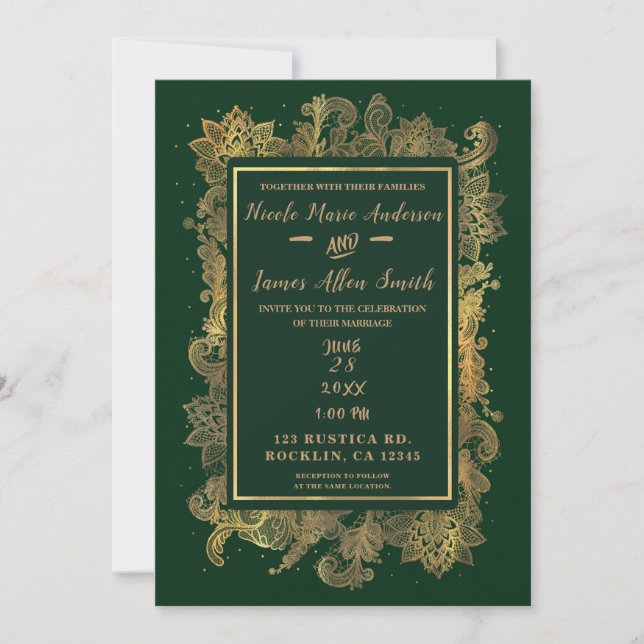 Invitación Verde de Esmeralda Oscura y Boda floral elegante d (Anverso)