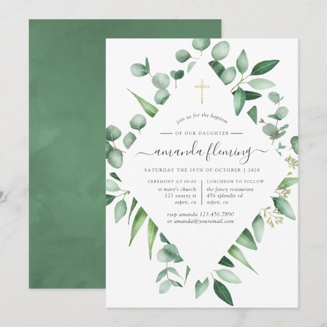 Invitación Verde de eucalipto Bautizo o bautismo (Anverso / Reverso)