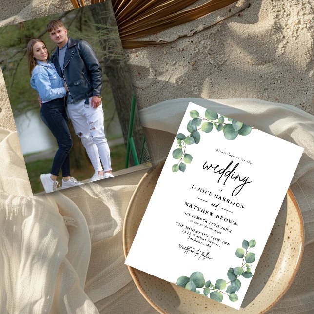 Invitación Verde de eucalipto botánico rústico foto boda (Eucalyptus greenery photo invitation adds natural charm and showcases your love story beautifully)