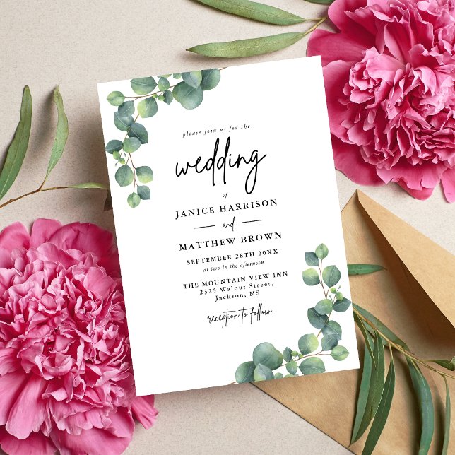 Invitación Verde de Eucalipto Botánico Rústico para Bodas (Rustic eucalyptus greenery invitation adds natural elegance and beautifully invites guests.)