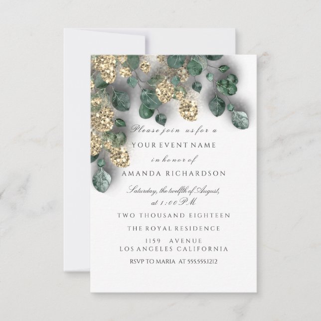 Invitación Verde de eucalipto brillo dorado hojas blancas (Anverso)