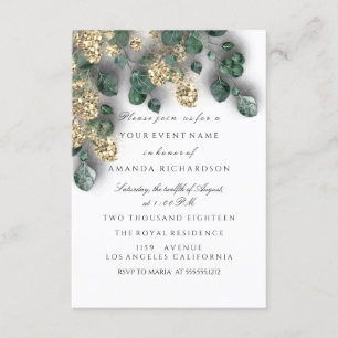 Invitación Verde de eucalipto brillo dorado hojas blancas