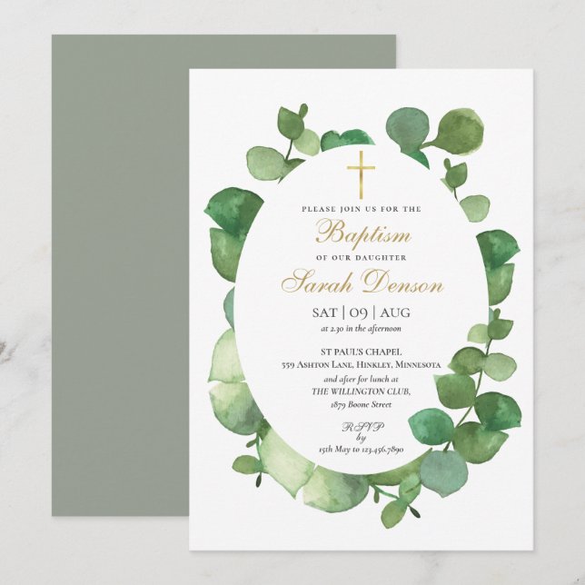 Invitación Verde de eucalipto floral bautizo (Anverso / Reverso)